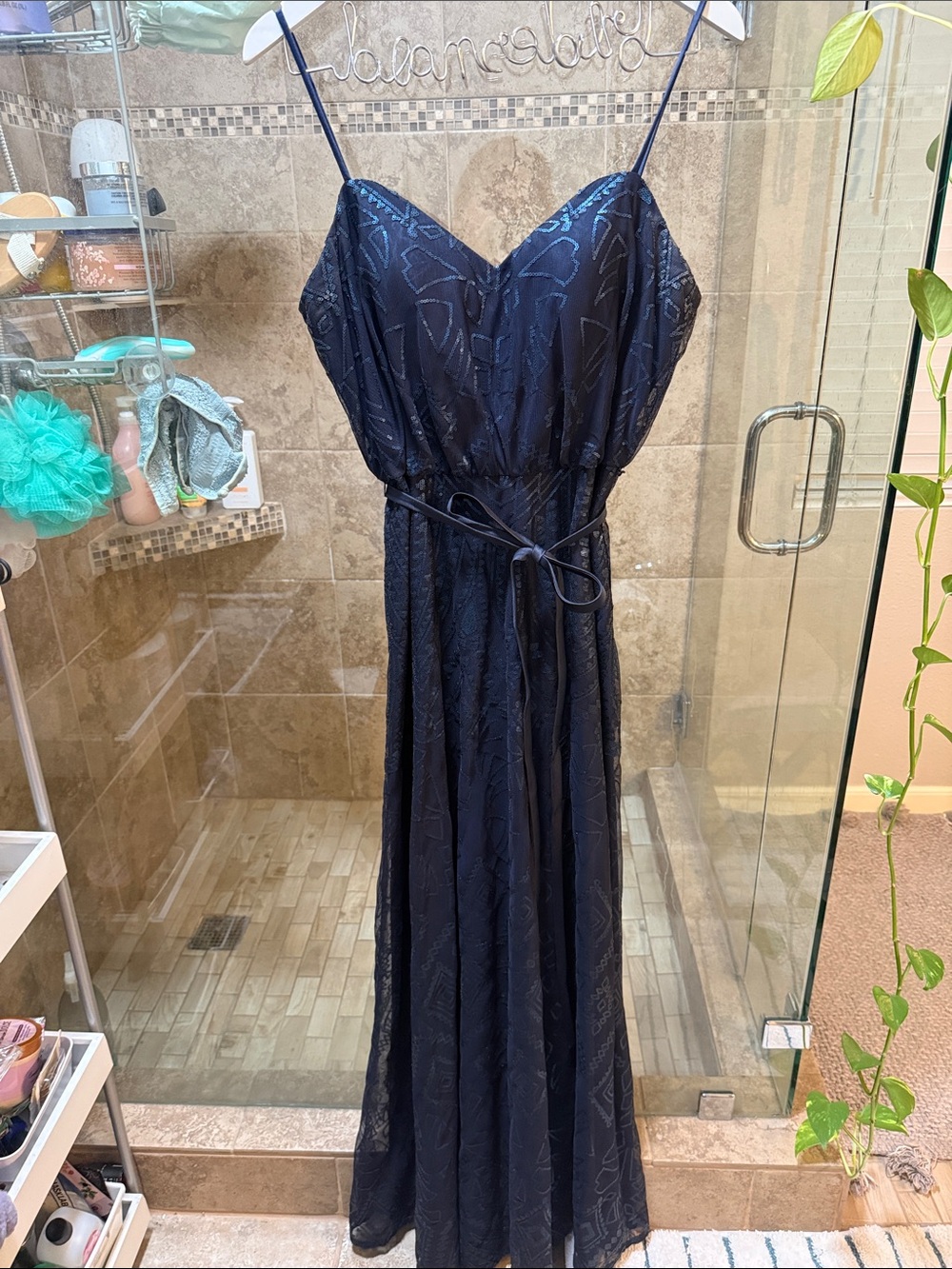 Women's Navy Blue Spaghetti Strap Sequin formal Dress